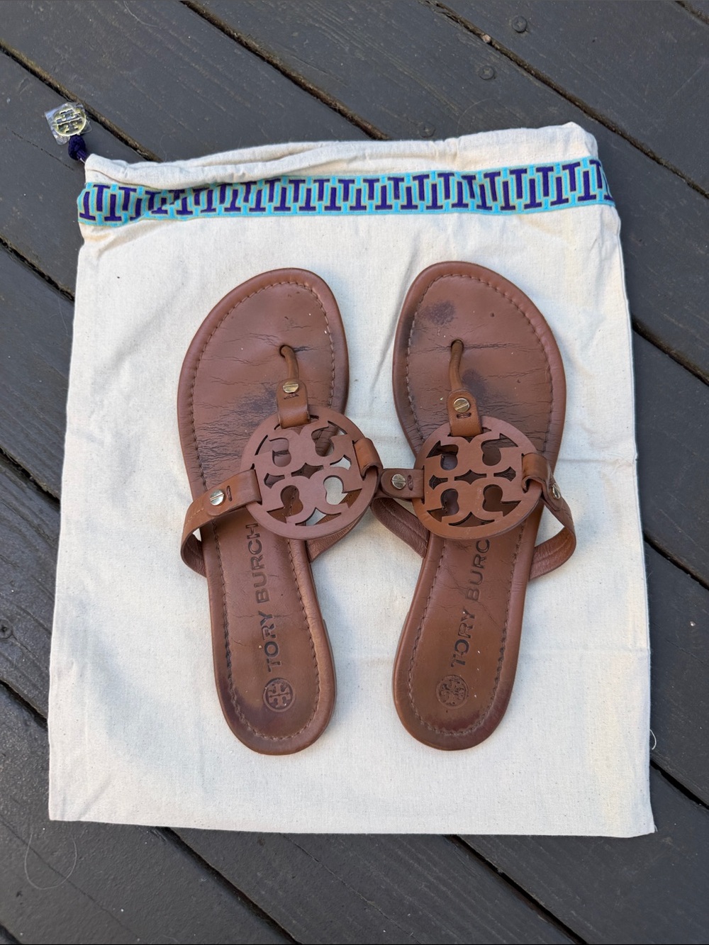 Tory Burch Brown Leather Logo Thong Sandals